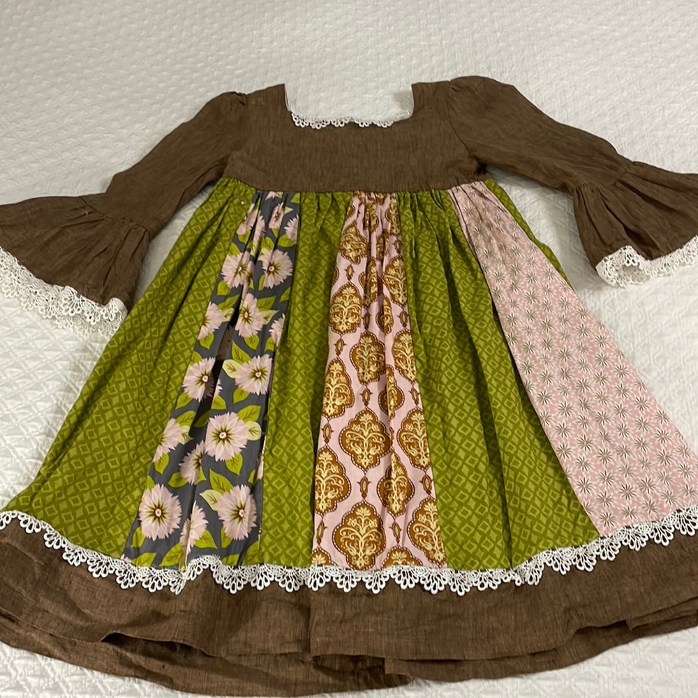Owls & Bats girls boutique linen lace dress pink green taupe floral sz 8